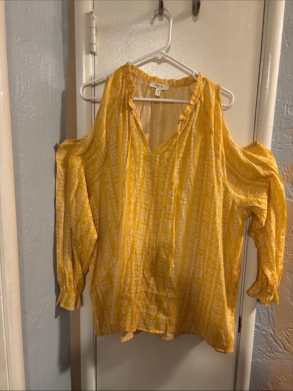 Sunny Yellow Cold-Shoulder Peasant Blouse with Tie Neck